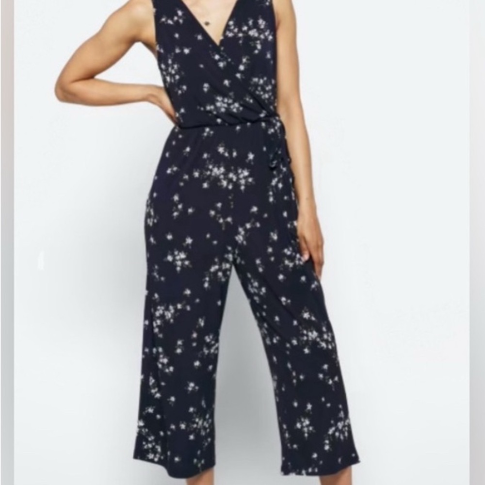 Kaileigh Blue Jumpsuit with White Flowers